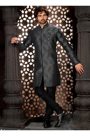 Designer Brocade Grey Indo Western Sherwani